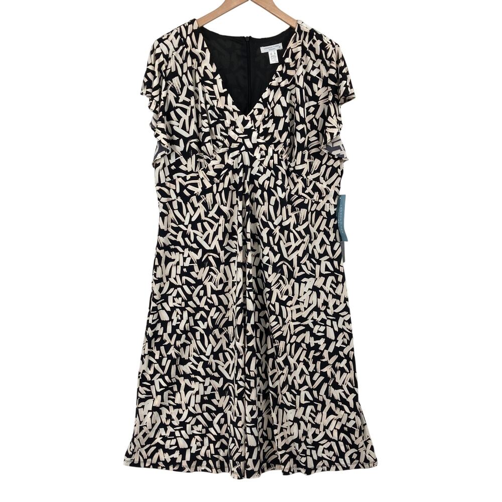 London Times Woman 16W Black Beige Abstract Print V Neck Midi Dress NWT